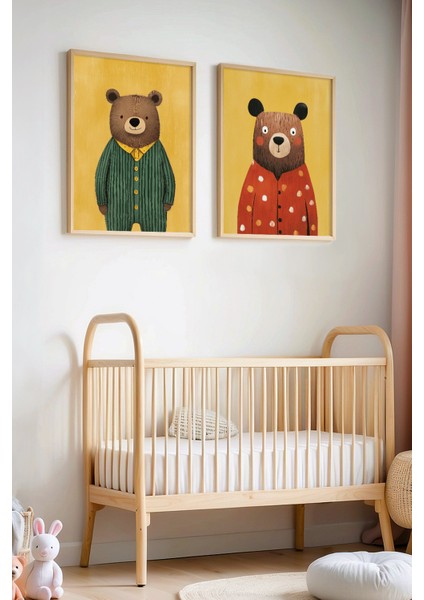 2'li Pijamalı Ayıcıklar Çocuk Odası Ahşap Çerçeveli Duvar Tablosu