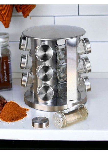 Luxury Cam 360 Derece Dönen 12'li Metal Stantlı Cam Baharatlık Takımı 80 - 100 L 13 1 Adet