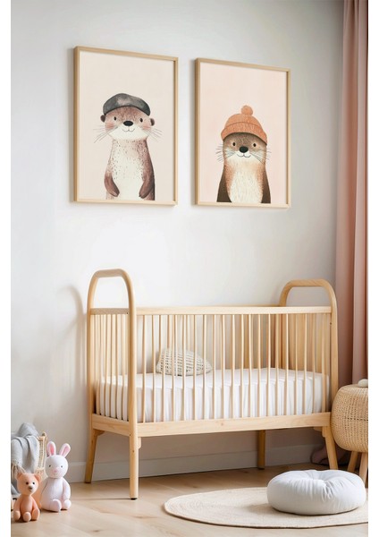 2'li Sevimli Su Samurları Çocuk Odası ve Bebek Odası Ahşap Çerçeveli Duvar Tablosu