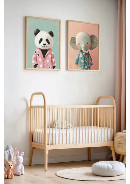 2'li Pijamalı Panda ve Fil Çocuk Odası ve Bebek Odası Ahşap Çerçeveli Duvar Tablosu