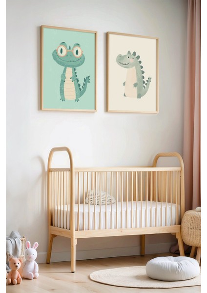 2'li Mavi Timsahcıklar Çocuk Odası ve Bebek Odası Ahşap Çerçeveli Duvar Tablosu