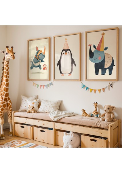 Penguen ve Gergedan Temalı Çocuk Odası Doğal Ahşap Çerçeveli Tablo Seti
