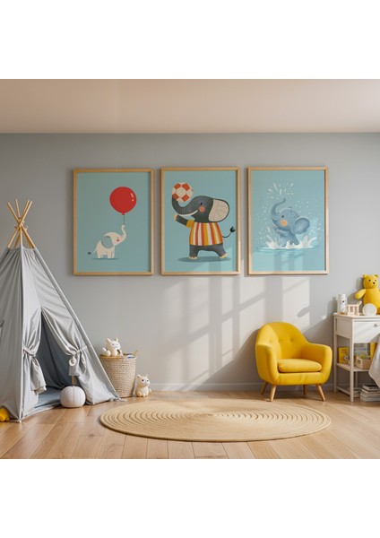 Oynayan Fil Yavruları – Çocuk Odası Için Neşeli Hayvan Temalı Doğal Ahşap Çerçeveli Tablo Seti
