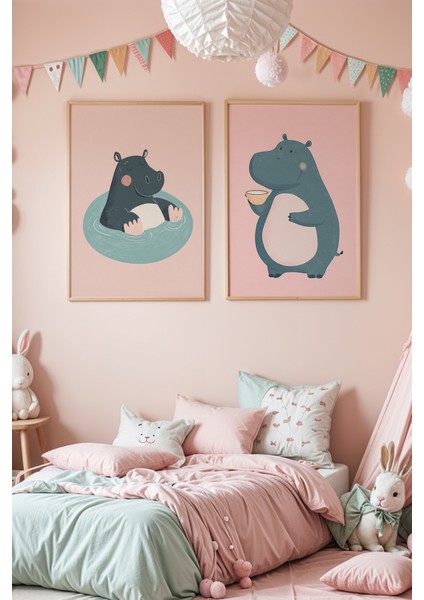 2'li Sevimli Su Aygırları Çocuk Odası Ahşap Çerçeveli Duvar Tablosu