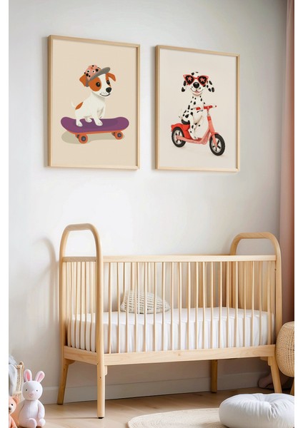 2'li Sevimli Köpek Bebek Odası ve Çocuk Odası Ahşap Çerçeveli Duvar Tablosu