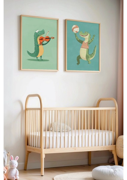 2'li Sevimli Timsahlar Çocuk Odası Ahşap Çerçeveli Duvar Tablosu