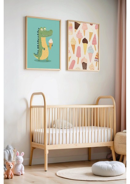 2'li Sevimli Timsah ve Dondurma Çocuk Odası ve Bebek Odası Ahşap Çerçeveli Duvar Tablosu