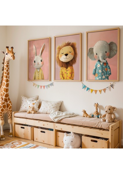 Tavşan, Aslan ve Fil Ahşap Çocuk Odası ve Bebek Odası Tablo Seti