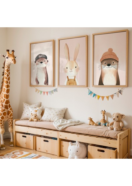 3'lü Sevimli Su Samuru ve Tavşan – Doğal Ahşap Çerçeveli Çocuk Odası Tablosu