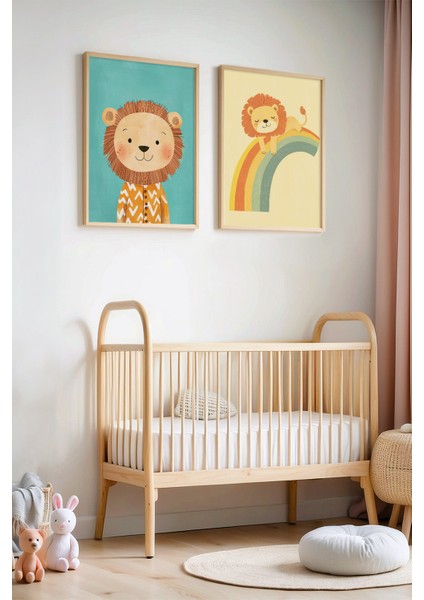2'li Sevimli Aslanlar Çocuk Odası ve Bebek Odası Ahşap Çerçeveli Duvar Tablosu