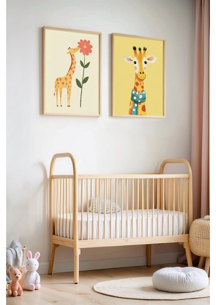 2'li Sevimli Zürafa Çocuk Odası ve Bebek Odası Ahşap Çerçeveli Duvar Tablosu
