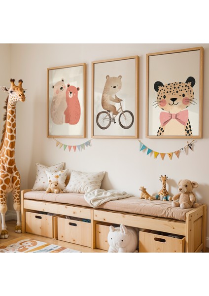 3'lü Sevimli Ayılar ve Leopar – Doğal Ahşap Çerçeveli Çocuk Odası Tablosu