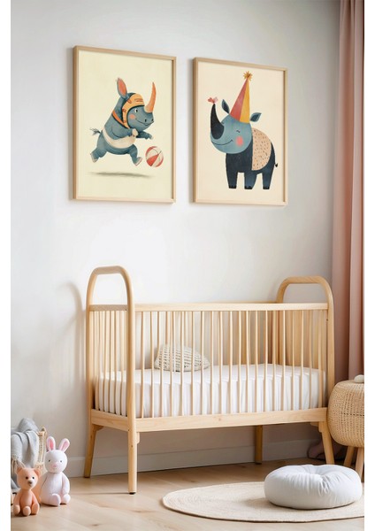 2'li Sevimli Gergedanlar Çocuk Odası ve Bebek Odası Ahşap Çerçeveli Duvar Tablosu