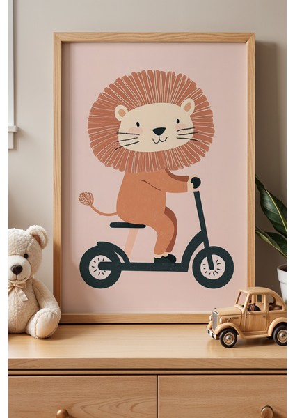 Kaykaycı ve Scooter’lı Aslanlar – Doğal Ahşap Çerçeveli Eğlenceli Tablo Seti fiyatları