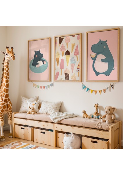 3'lü Dondurma ve Su Aygırı Keyfi – Tatlı Temalı Doğal Ahşap Çerçeveli Çocuk Odası Tablosu