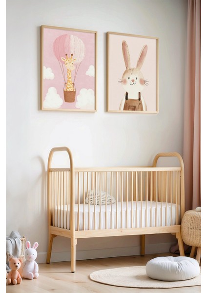 2'li Sevimli Tavşan ve Zürafa Çocuk Odası ve Bebek Odası Ahşap Çerçeveli Duvar Tablosu