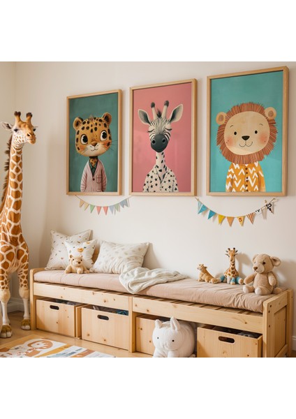 3'lü Leopar, Zebra ve Aslan Doğal Ahşap Çerçeveli Çocuk Odası Tablosu
