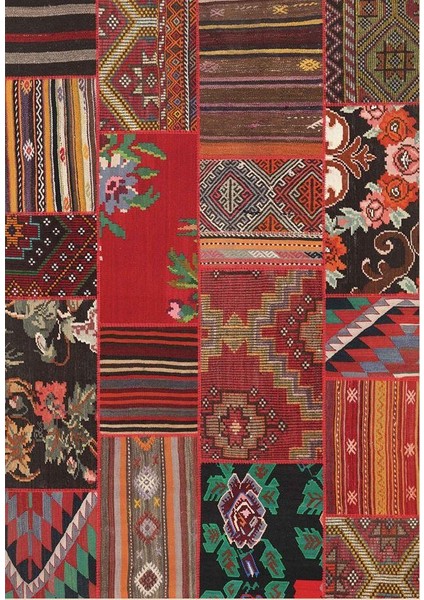 Siesta Vintage 32-159 Etnik Eskitme Patchwork Desenli Dokuma Tabanlı Yıkanabilir Şönil Salon ve Oda Halısı