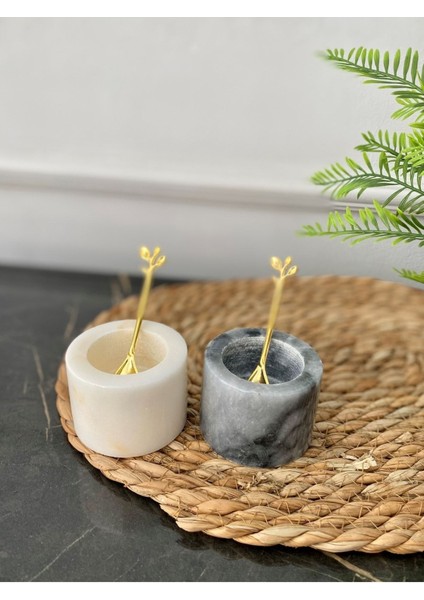 Luxury Mermer Baharatlık Seti Gri Beyaz Renkli Tuzluk Biberlik Gold Kaşıklı Minimal Mutfak Dekoru 1 Adet