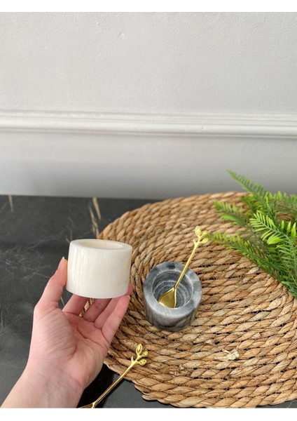 Luxury Mermer Baharatlık Seti Gri Beyaz Renkli Tuzluk Biberlik Gold Kaşıklı Minimal Mutfak Dekoru 1 Adet modelleri