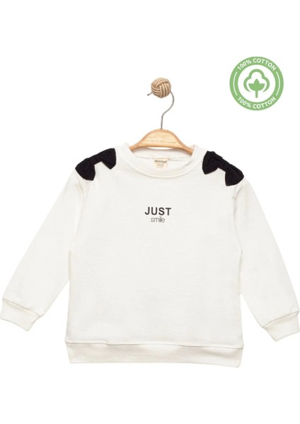 Kız Çocuk %100 Pamuk Ekru Sweatshirt Fiyonk Detaylı - Rahat Kız Çocuk Giyim