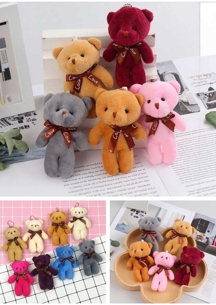 12 Adet Peluş Ayıcık Set Mini Yumoş Çanta Süsü Aksesuarı Anahtarlık Karışık Renk 11 cm