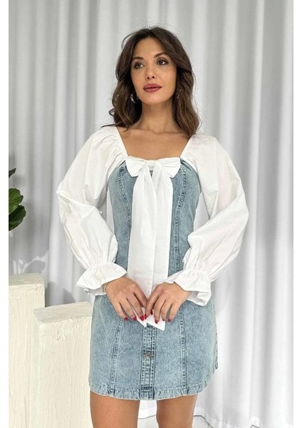 Mavi Önü Fiyoklu Kot Elbise