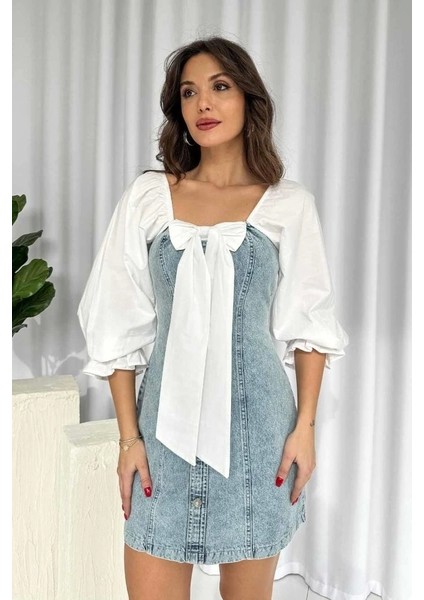 Mavi Önü Fiyoklu Kot Elbise