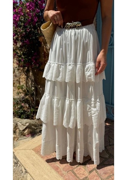 Katlı Pileli Etek - Ekru fırsatları