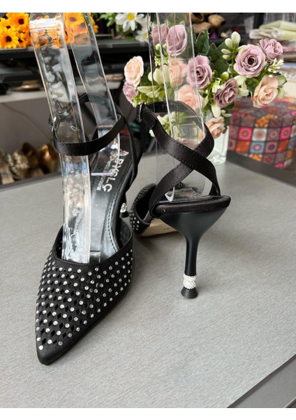 Siyah Saten Taşlı Arkası Açık Stiletto Yeni Sezon -