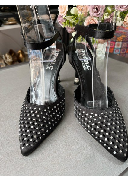 Siyah Saten Taşlı Arkası Açık Stiletto Yeni Sezon - fiyatları