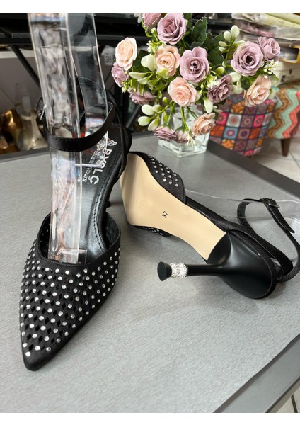 Siyah Saten Taşlı Arkası Açık Stiletto Yeni Sezon - fırsatları