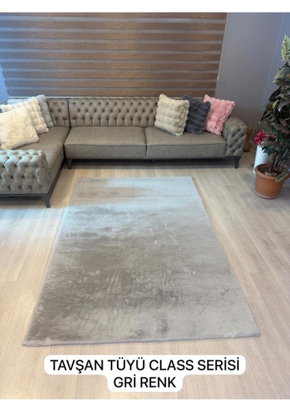 Tavşan Tüyü Gri Yumuşak Makinada Yıkanabilir Kaymaz Kalın Dekoratif Post Halı