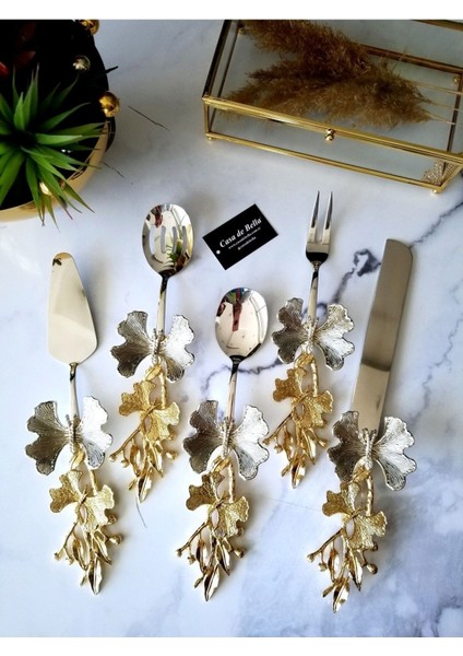 Luxury 5 Parça Kelebek Desenli Gold Saplı Servis Seti 1 Adet