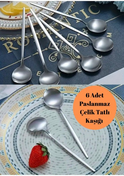 Luxury 6'lı Gümüş Yuvarlak Form Tatlı Kaşığı 16 cm Uzunluk 18/10 Çelik 1 Adet