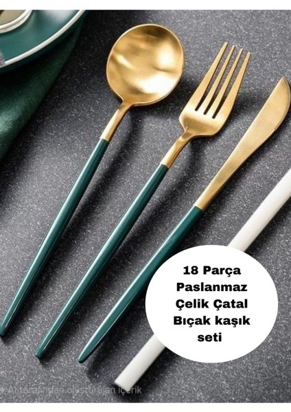 Luxury Astorga 18 Parça 6 Kişilik Gold Yeşil Titanyum Paslanmaz Çelik Çatal Bıçak Kaşık Seti 1 Adet