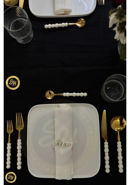 Luxury 6 Adet Gold Beyaz Inci Taş Detaylı Yemek Kaşığı Takımı | 6 Parça Lüks Yemek Kaşığı Takımı 1 Adet