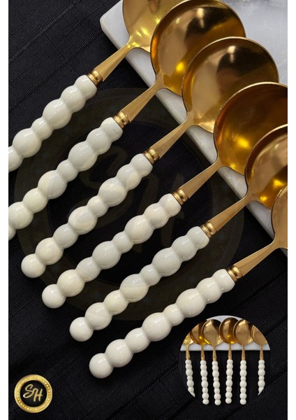 Luxury 6 Adet Gold Beyaz Inci Taş Detaylı Yemek Kaşığı Takımı | 6 Parça Lüks Yemek Kaşığı Takımı 1 Adet