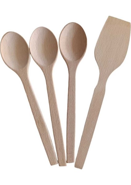 Luxury 4 Parça (Cilasız) Kayın Ahşap Kaşık Tahta Spatula Servis Seti 1 Adet