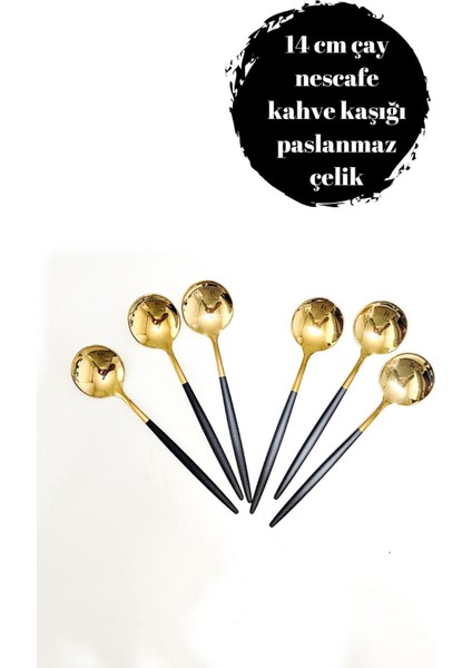Luxury 6 Adet Gold Siyah Paslanmaz Çelik Çay Nescafe Kahve Kaşığı 14 cm 1 Adet