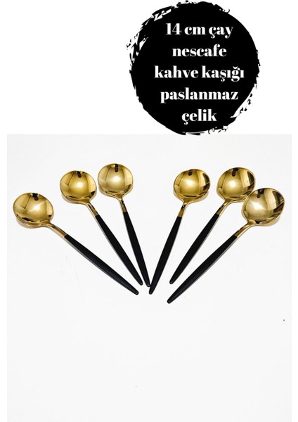 Luxury 6 Adet Gold Siyah Paslanmaz Çelik Çay Nescafe Kahve Kaşığı 14 cm 1 Adet
