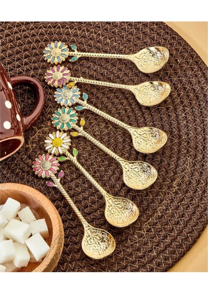 Luxury Papatya Motifli Lüx Gold Metal Baharat Kaşığı, Çay Kaşığı, Kahve ve Şeker Kaşığı 6 Adet 1 Adet