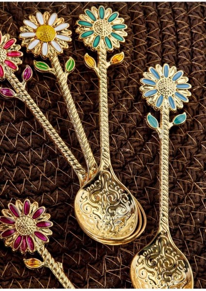 Luxury Papatya Motifli Lüx Gold Metal Baharat Kaşığı, Çay Kaşığı, Kahve ve Şeker Kaşığı 6 Adet 1 Adet modelleri