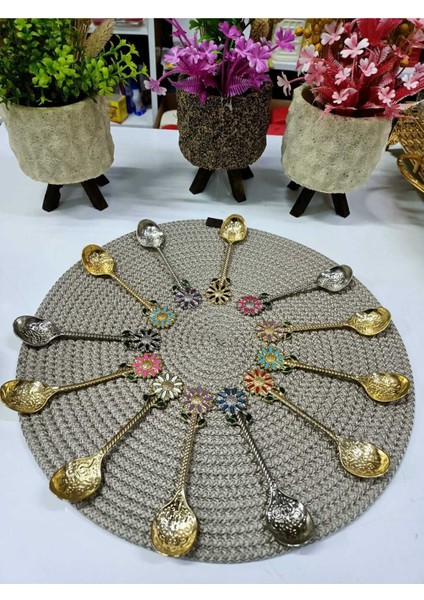 Luxury Papatya Motifli Lüx Gold Metal Baharat Kaşığı, Çay Kaşığı, Kahve ve Şeker Kaşığı 6 Adet 1 Adet fırsatları