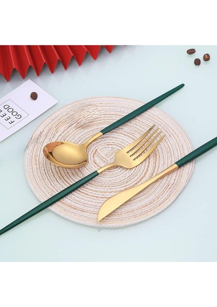 Luxury 6 Kişilik Gold Yeşil Paslanmaz Çelik 18 Parça Yuvarlak Form Çatal Bıçak Kaşık Seti 1 Adet