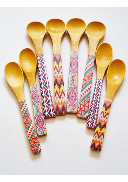 Luxury 8'li Bambu Ahşap Desenli Spoon Bamboo Yuvarlak - Oval Ağızlı Tatlı Kaşığı Ölçü Kaşığı 13- 16CM Kaşık 1 Adet