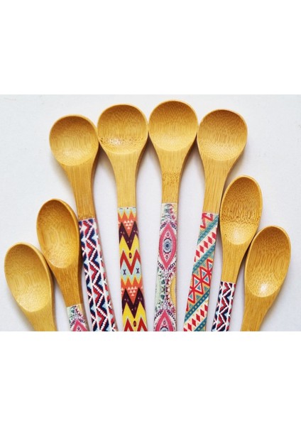 Luxury 8'li Bambu Ahşap Desenli Spoon Bamboo Yuvarlak - Oval Ağızlı Tatlı Kaşığı Ölçü Kaşığı 13- 16CM Kaşık 1 Adet modelleri