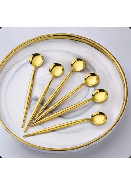 Luxury 6 Adet Titantum Parlak Gold Paslanmaz Çelik Çay Kaşığı Kararmaz 1 Adet