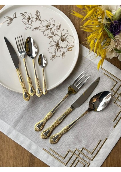 Luxury 24K Gold Avangart Ala 42 Parça Çatal Bıçak Kaşık Takımı 6 Kişilik Çkb 1 Adet