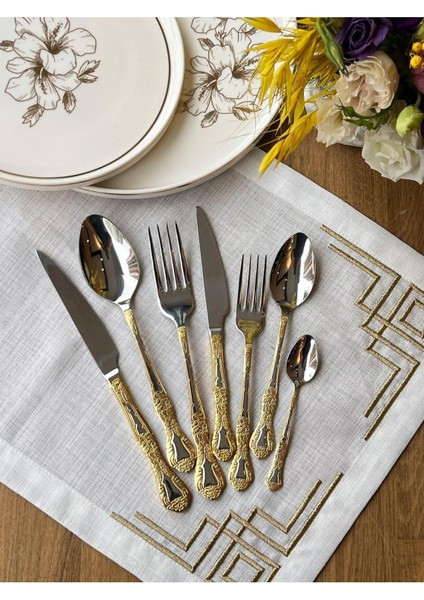 Luxury 24K Gold Avangart Ala 42 Parça Çatal Bıçak Kaşık Takımı 6 Kişilik Çkb 1 Adet